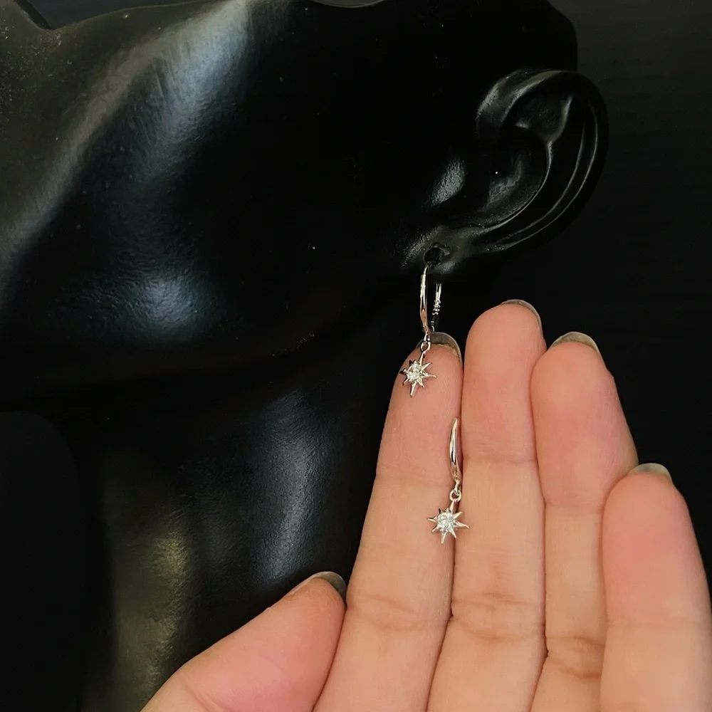 925 Sterling Silver CZ Star Huggie Hoop Earrings Women 9mm
